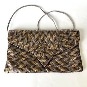 Bassous Vintage Gold & Bronze Leather Woven Print Clutch/Crossbody